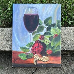 Vibrant Red and Green Still Life Painting with Wine and Rose